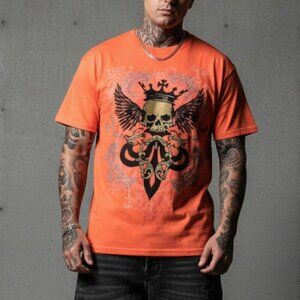 Avirex T-Shirt Mens 2XL Orange Skull Crown Wings Graphic Streetwear Cotton Tee